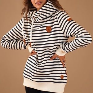 Artemis Print Striped Hoodie | Women's Cowl neck Terry Hoodie Navy/Ivory